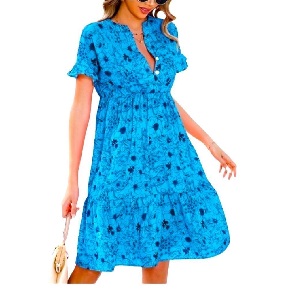 NEW Short Sleeve V-Neck Floral Tiered Dress Women Size XXL Blue & Black Ruffle